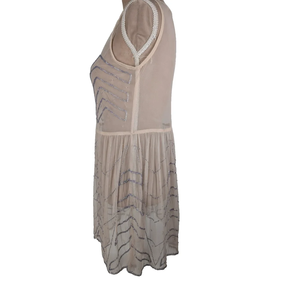 Two Free People Embellished Mesh Mini Dress XS Beaded Pink Blue Y2K Boho Glam